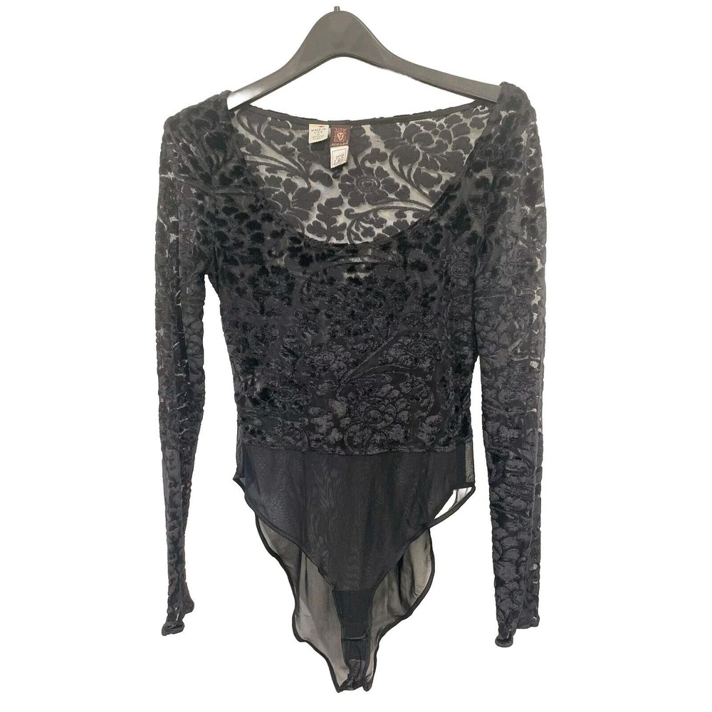 Vtg 70s 80s Anne Klein Bodysuit Leotard Black Sz 6 Velvet Sheer Long sleeved